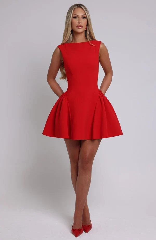 Sleeveless boat neck backless mini dress with fitted bodice and full flared skirt - view 17