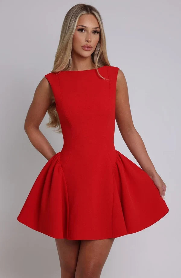 Sleeveless boat neck backless mini dress with fitted bodice and full flared skirt - view 18