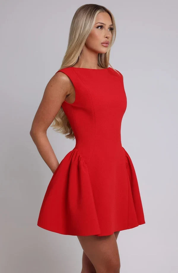 Sleeveless boat neck backless mini dress with fitted bodice and full flared skirt - view 19