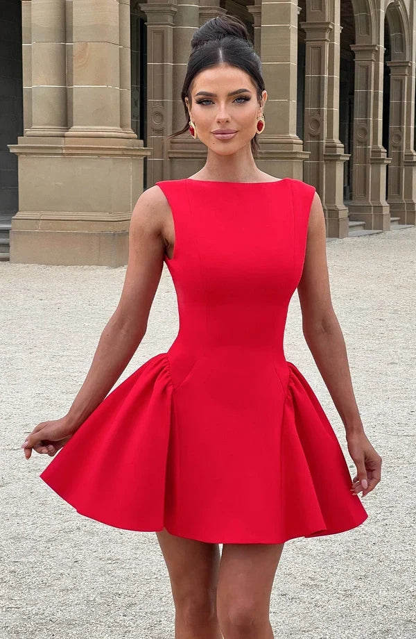 Sleeveless boat neck backless mini dress with fitted bodice and full flared skirt - view 20