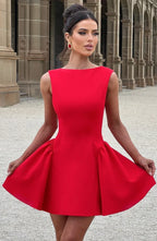 Sleeveless boat neck backless mini dress with fitted bodice and full flared skirt - view 21