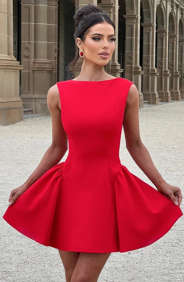 Sleeveless boat neck backless mini dress with fitted bodice and full flared skirt - view 21