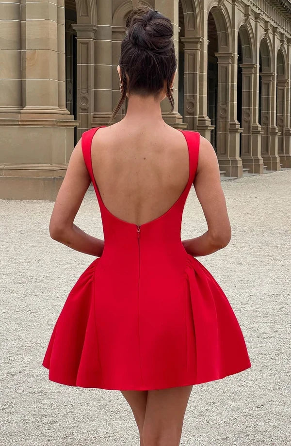 Sleeveless boat neck backless mini dress with fitted bodice and full flared skirt - view 22