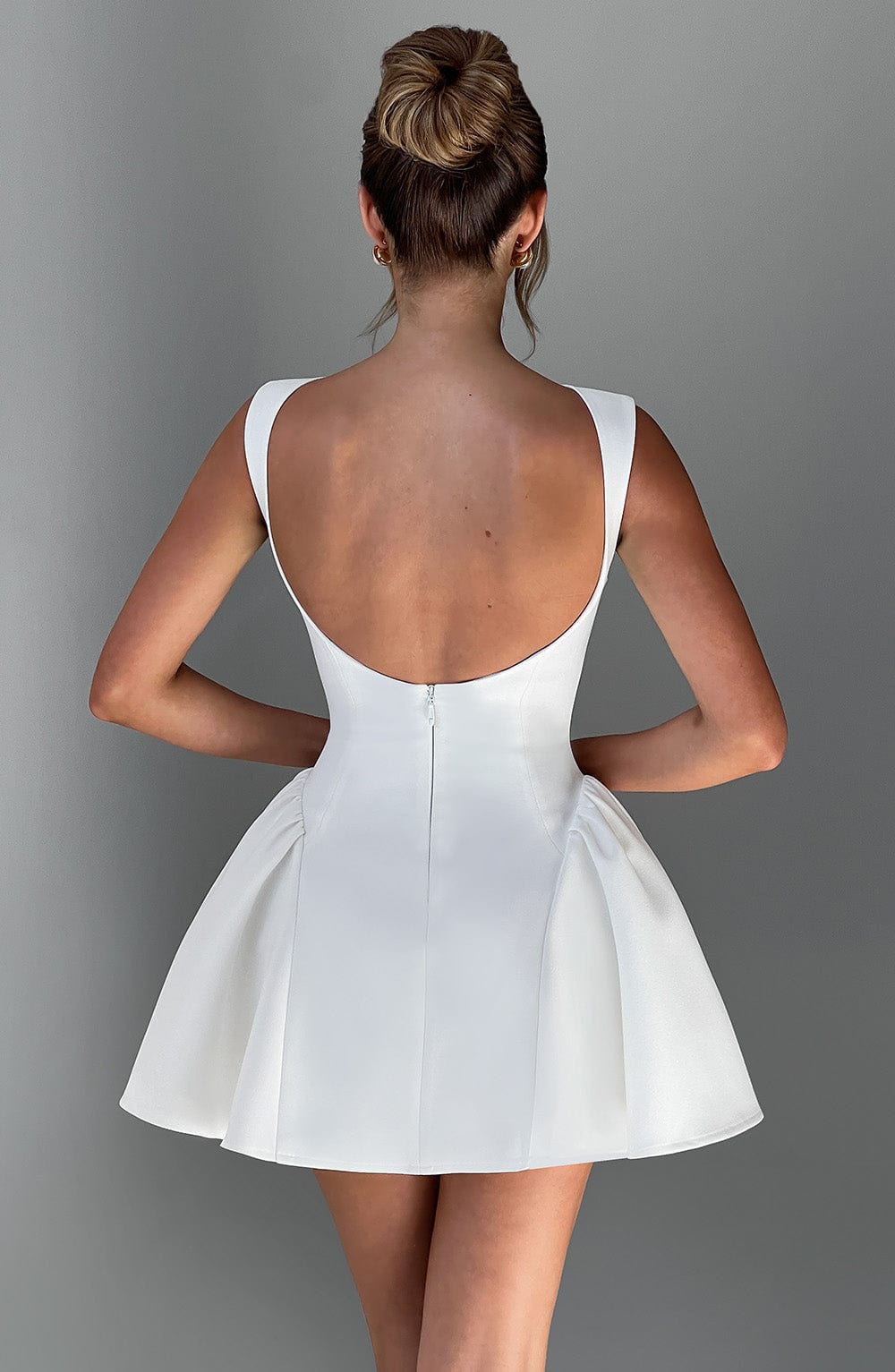 Sleeveless boat neck backless mini dress with fitted bodice and full flared skirt - view 4