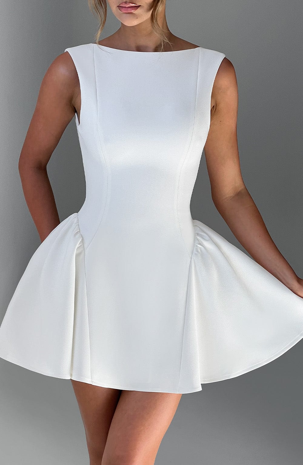 Sleeveless boat neck backless mini dress with fitted bodice and full flared skirt - view 8