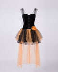 Women's witch Halloween costume with black velvet corset bodice and layered orange tulle skirt with train - view 4