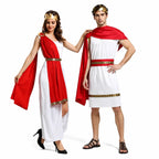 Greek couples Halloween costume, white gown and tunic with red drape and gold trim