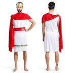 Greek couples Halloween costume, white gown and tunic with red drape and gold trim - view 2