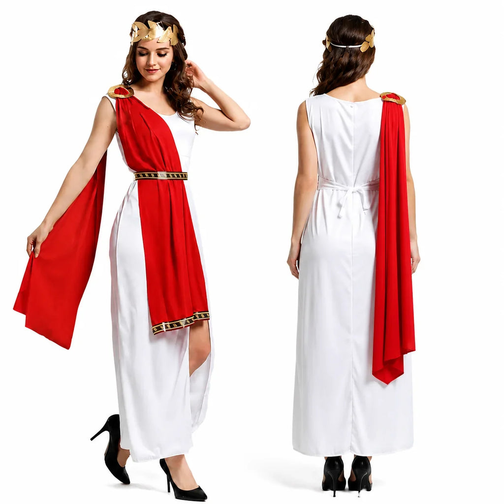 Greek couples Halloween costume, white gown and tunic with red drape and gold trim - view 3