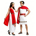 Greek couples Halloween costume, white gown and tunic with red drape and gold trim - view 4