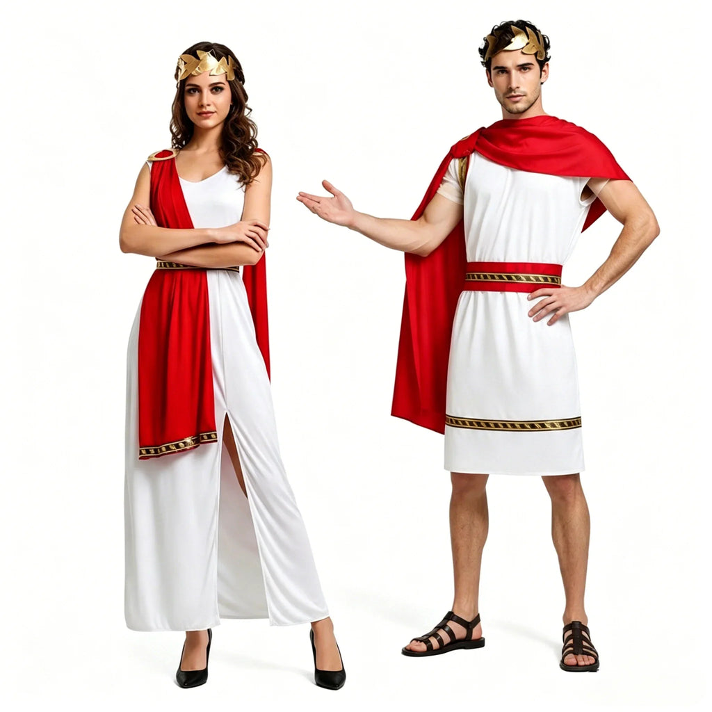Greek couples Halloween costume, white gown and tunic with red drape and gold trim - view 5