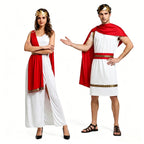 Greek couples Halloween costume, white gown and tunic with red drape and gold trim - view 5