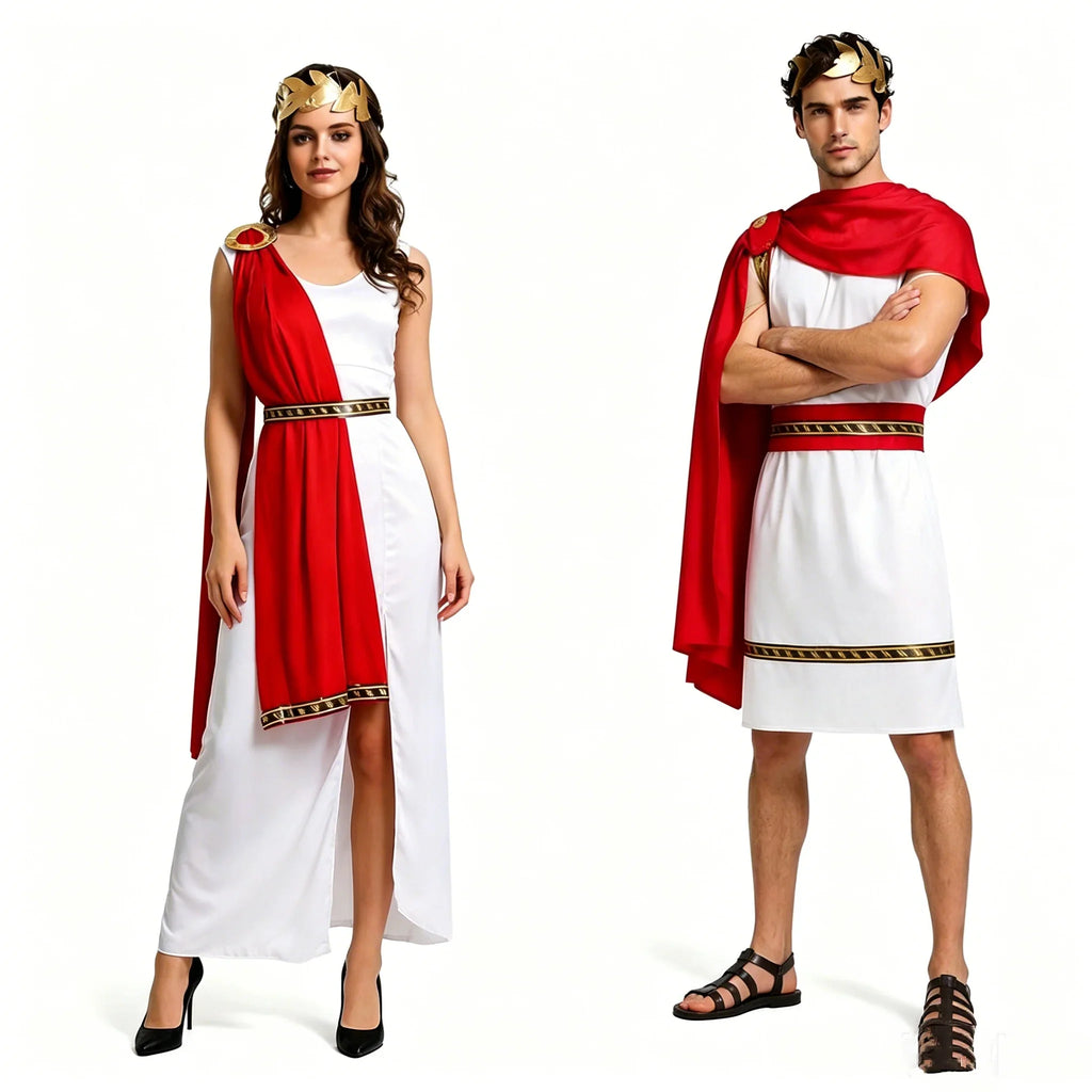 Greek couples Halloween costume, white gown and tunic with red drape and gold trim - view 6