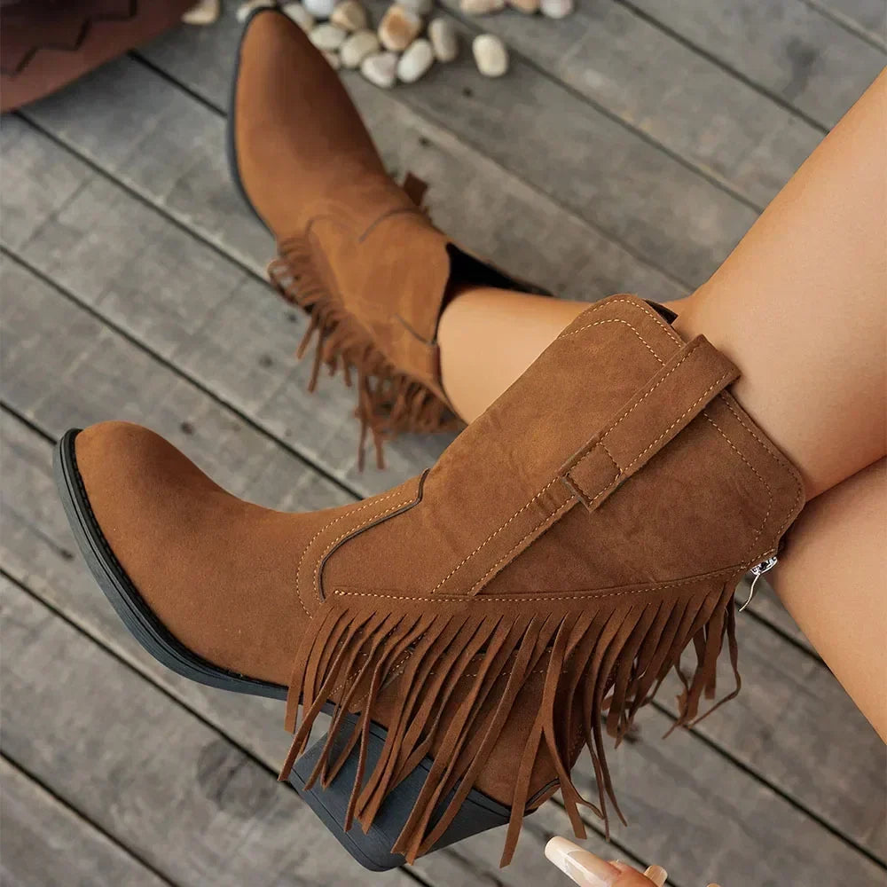 Theodora Wide Calf Fringe Cowboy Boots with Block Heel - view 1