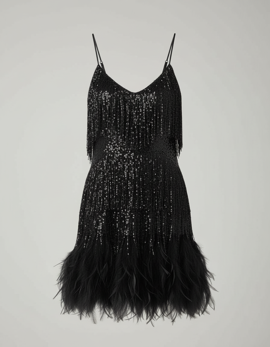 Cocktail sequin dress with tiered fringe and feather-trimmed hem - view 10