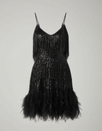 Cocktail sequin dress with tiered fringe and feather-trimmed hem - view 10