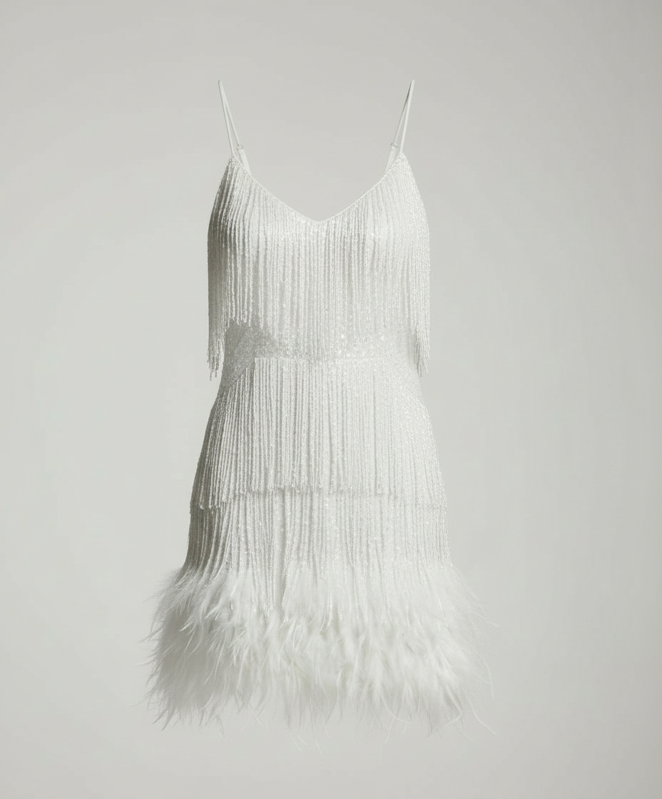 Cocktail sequin dress with tiered fringe and feather-trimmed hem - view 3