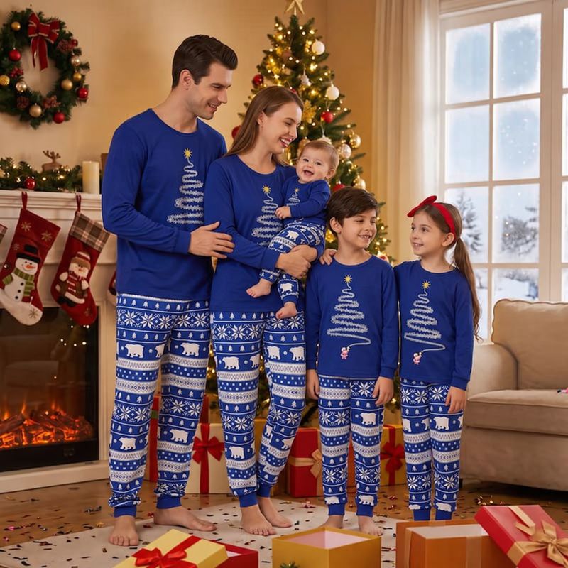 Matching Christmas pajamas with glittery tree tee and blue polar bear print joggers