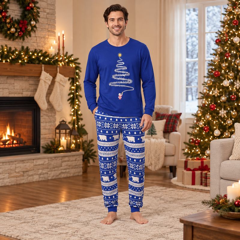 Matching Christmas pajamas with glittery tree tee and blue polar bear print joggers - view 2