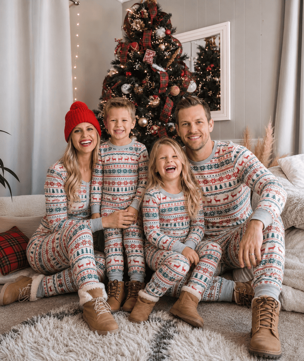 Family wearing matching fair isle Christmas pajamas with reindeer and tree print