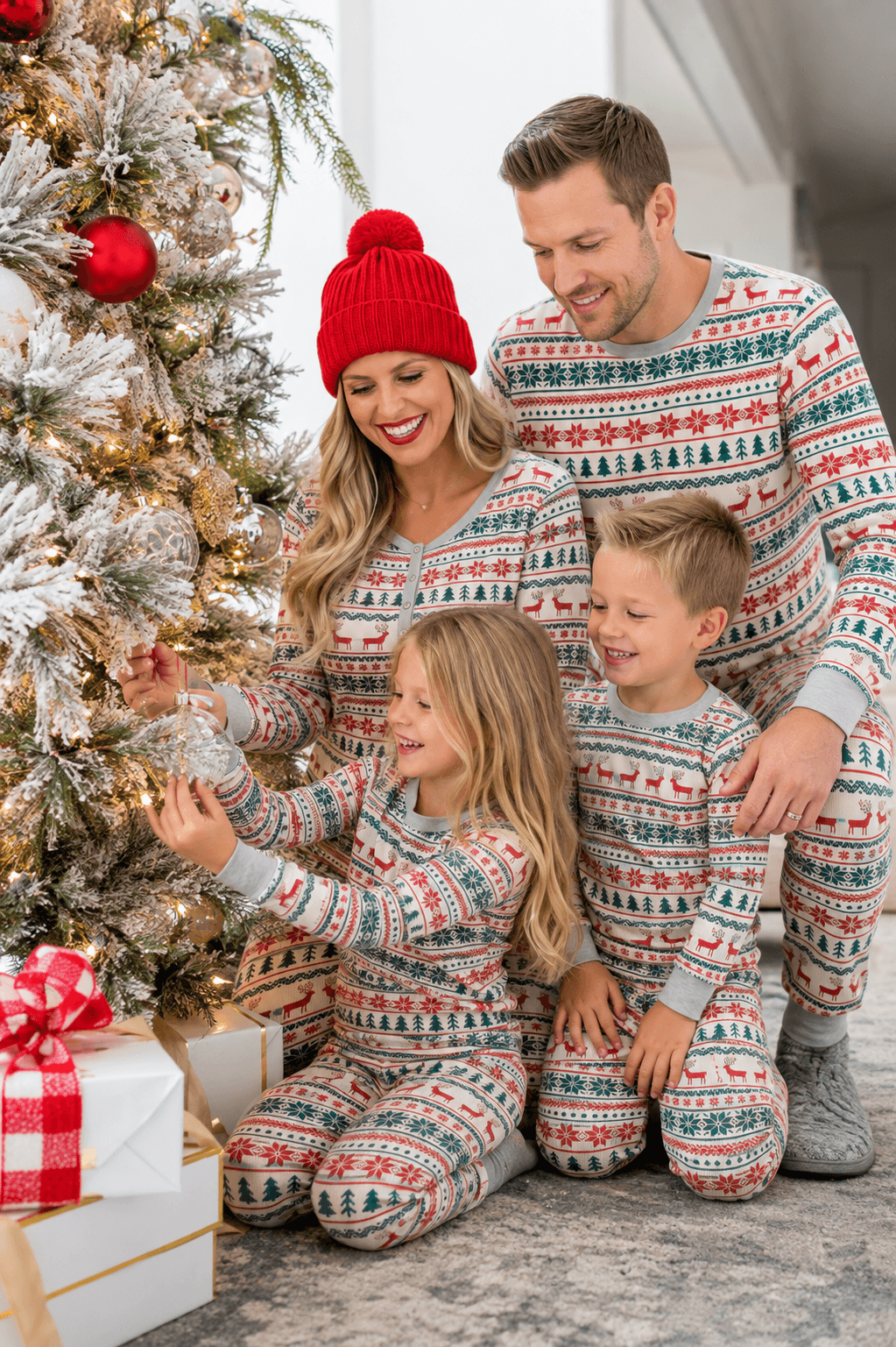 Family wearing matching fair isle Christmas pajamas with reindeer and tree print - view 2