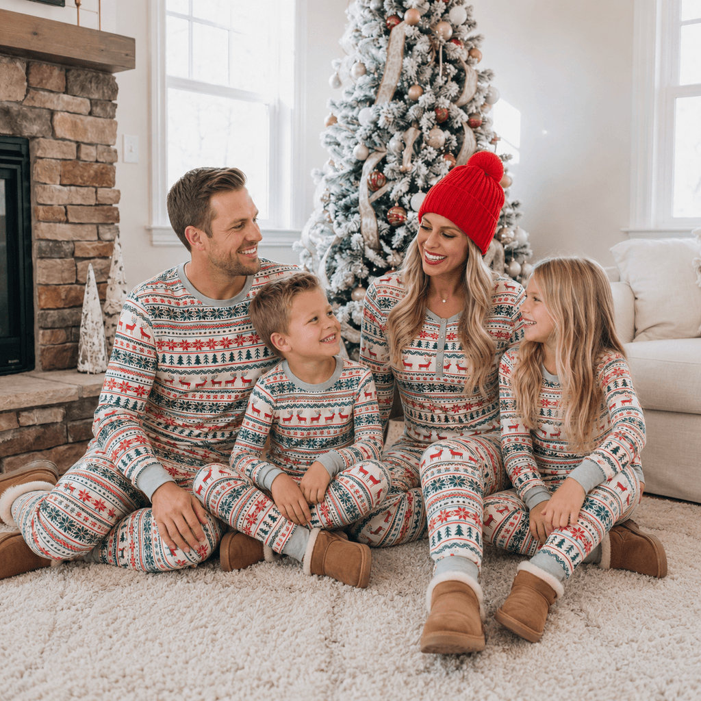 Family wearing matching fair isle Christmas pajamas with reindeer and tree print - view 4