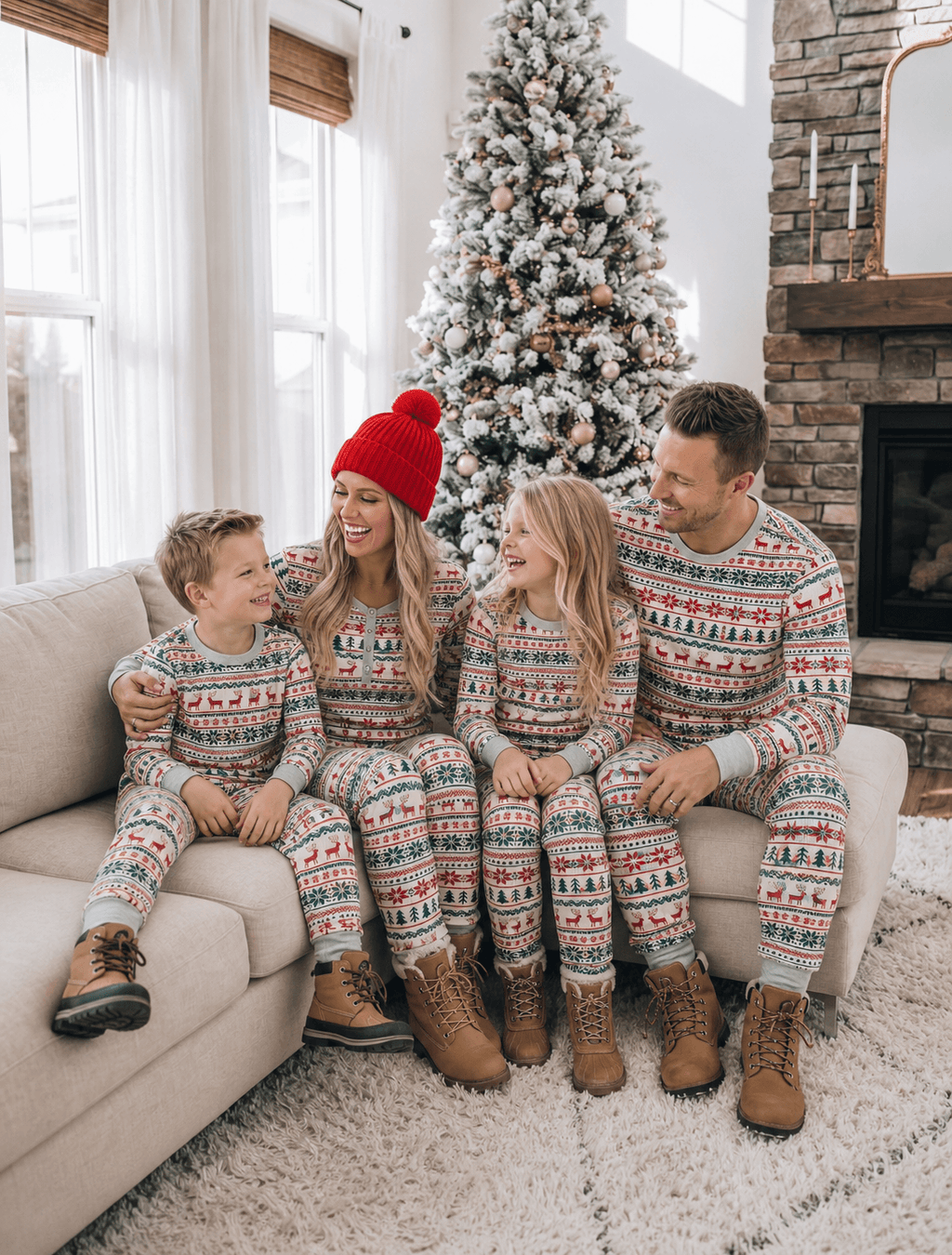 Family wearing matching fair isle Christmas pajamas with reindeer and tree print - view 5