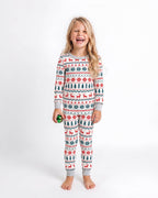 Family wearing matching fair isle Christmas pajamas with reindeer and tree print - view 9