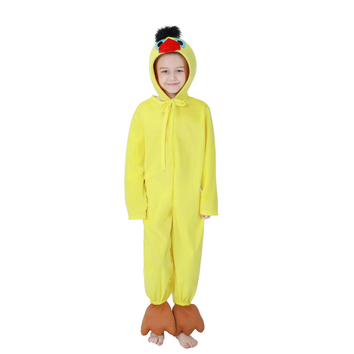 Child wearing a yellow plush duck Halloween costume with beaked hood and brown feet covers - view 4