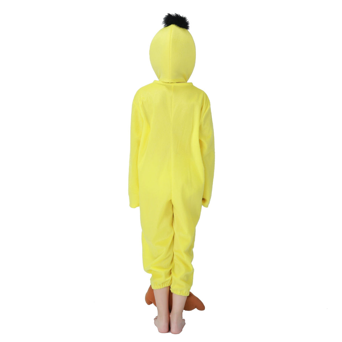 Child wearing a yellow plush duck Halloween costume with beaked hood and brown feet covers - view 5