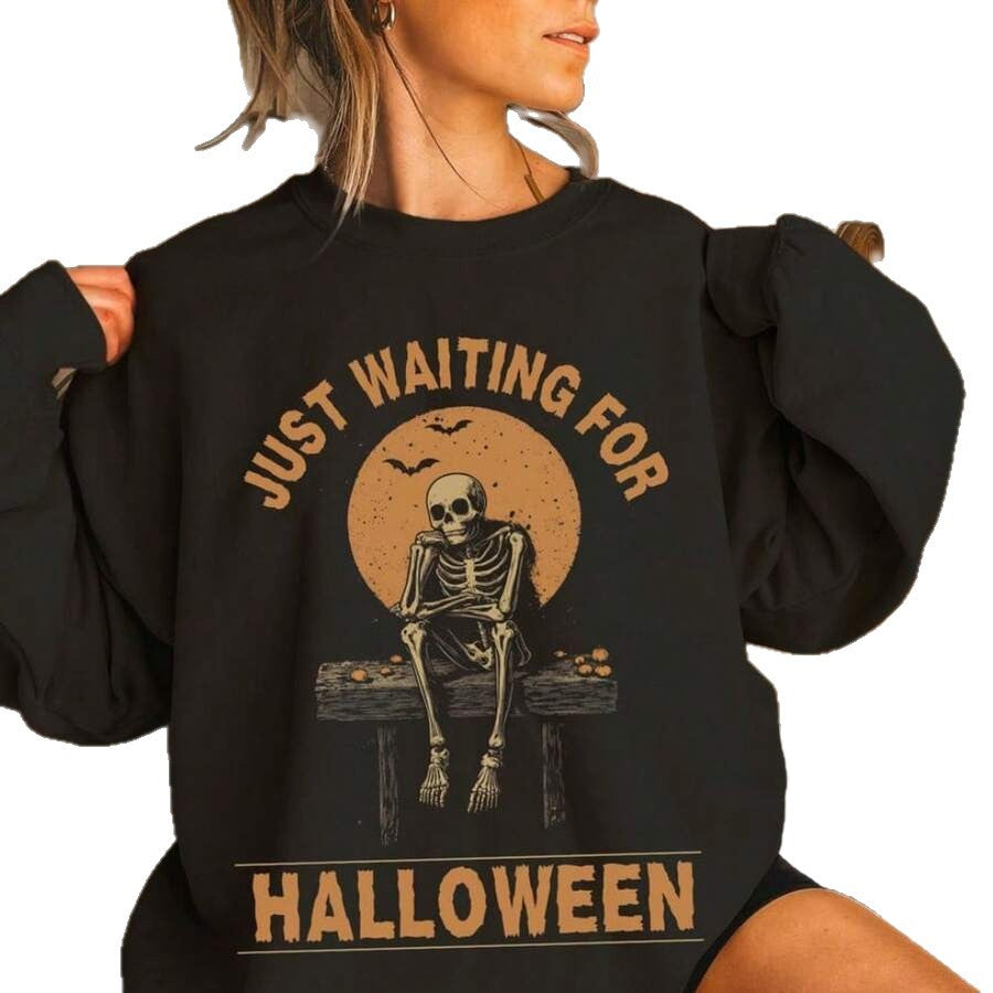 Black oversized crew neck sweatshirt with skeleton and Just Waiting for Halloween graphic - view 5