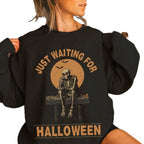 Black oversized crew neck sweatshirt with skeleton and Just Waiting for Halloween graphic - view 5