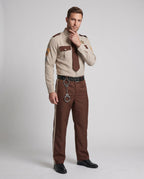 Men's sheriff police costume with tan shirt, brown tie, star badge and striped brown pants