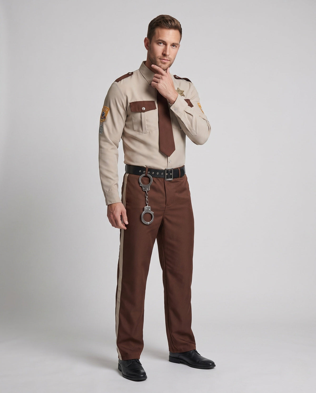 Men's sheriff police costume with tan shirt, brown tie, star badge and striped brown pants