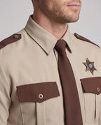 Men's sheriff police costume with tan shirt, brown tie, star badge and striped brown pants - view 2