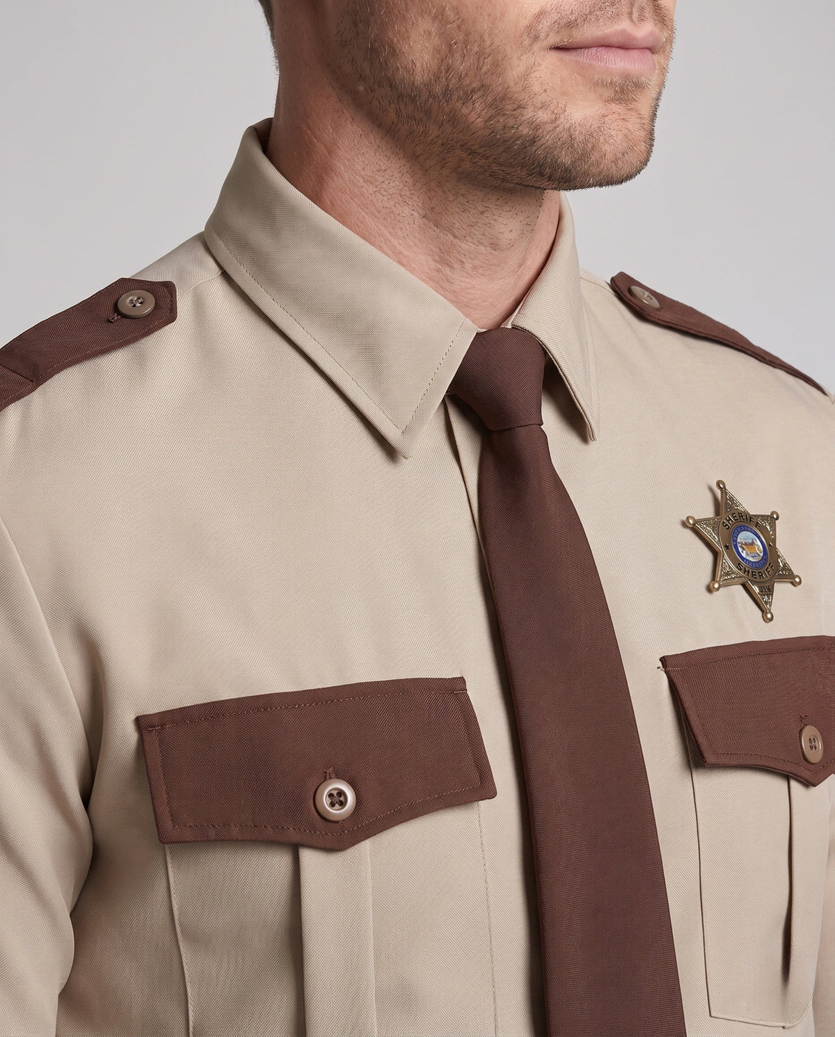 Men's sheriff police costume with tan shirt, brown tie, star badge and striped brown pants - view 2