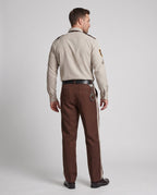 Men's sheriff police costume with tan shirt, brown tie, star badge and striped brown pants - view 3