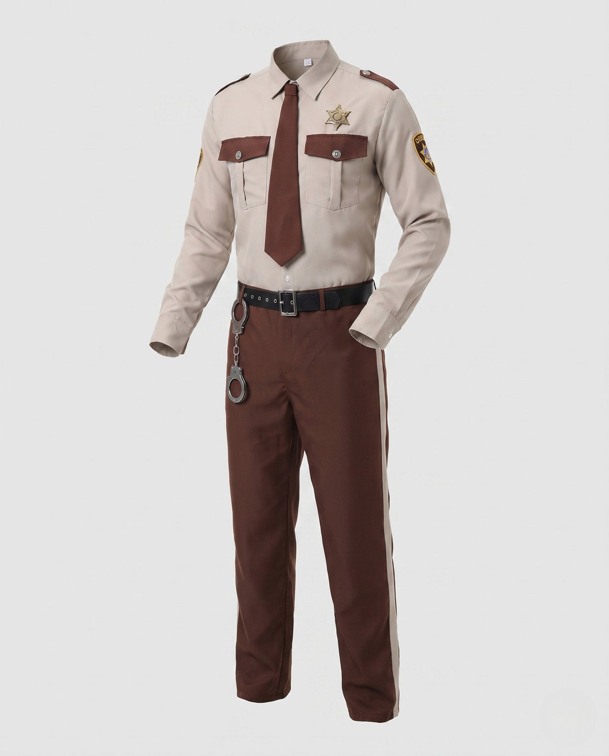 Men's sheriff police costume with tan shirt, brown tie, star badge and striped brown pants - view 4