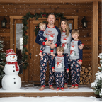 Snowman matching family Christmas pajamas with gray raglan top and navy snowman print pants