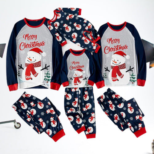 Snowman matching family Christmas pajamas with gray raglan top and navy snowman print pants - view 2