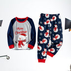 Snowman matching family Christmas pajamas with gray raglan top and navy snowman print pants - view 3