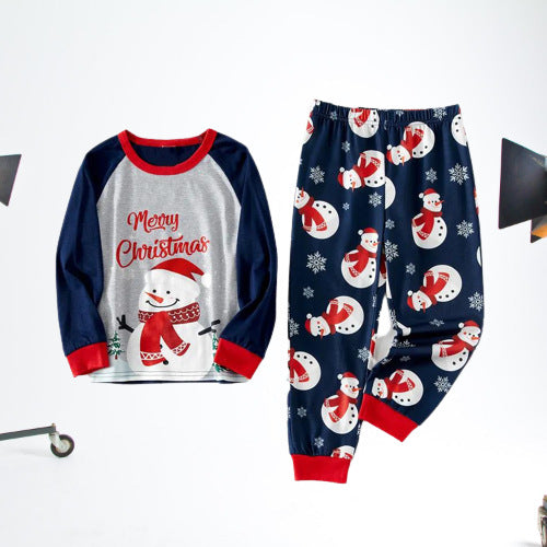 Snowman matching family Christmas pajamas with gray raglan top and navy snowman print pants - view 3