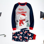 Snowman matching family Christmas pajamas with gray raglan top and navy snowman print pants - view 4