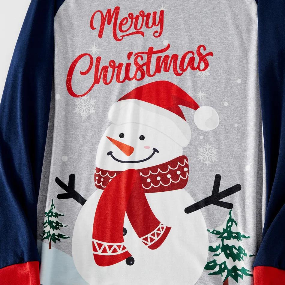 Snowman matching family Christmas pajamas with gray raglan top and navy snowman print pants - view 5