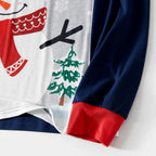 Snowman matching family Christmas pajamas with gray raglan top and navy snowman print pants - view 6