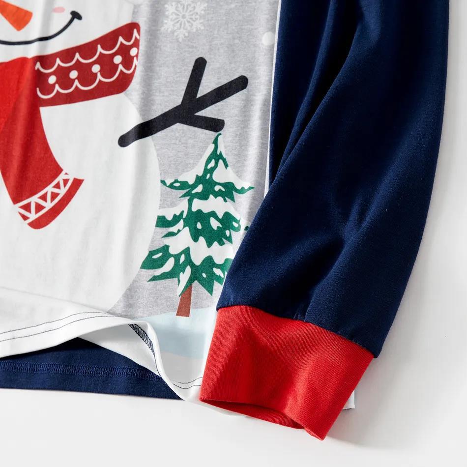 Snowman matching family Christmas pajamas with gray raglan top and navy snowman print pants - view 6