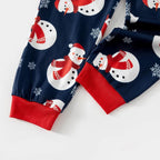 Snowman matching family Christmas pajamas with gray raglan top and navy snowman print pants - view 7