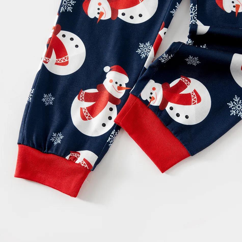 Snowman matching family Christmas pajamas with gray raglan top and navy snowman print pants - view 7
