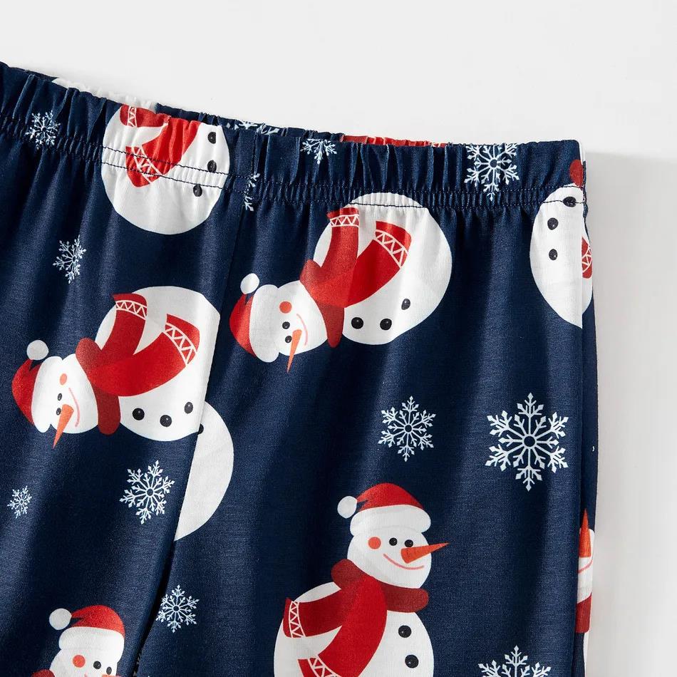 Snowman matching family Christmas pajamas with gray raglan top and navy snowman print pants - view 8