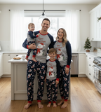 Snowman matching family Christmas pajamas with gray raglan top and navy snowman print pants - view 9
